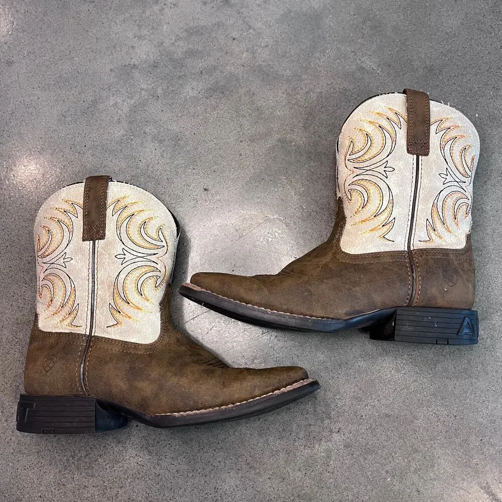 Ariat Storm Western boots Antique brown cream embroidery Youth boys 3.5 shoes